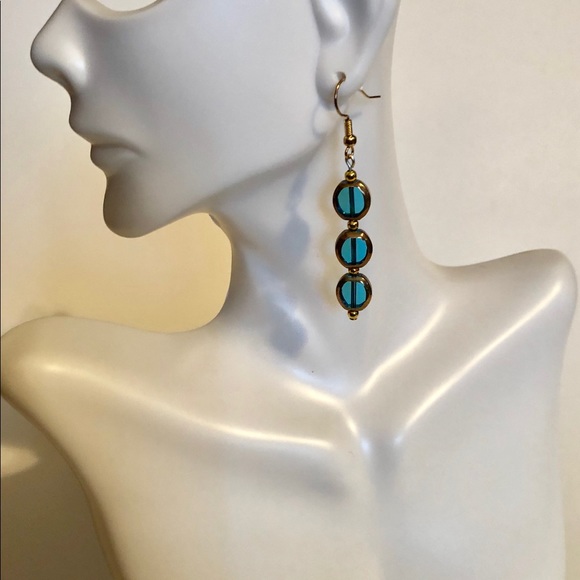 Handmade Teal & Brass Trim Dangle Earrings 2” Long - Picture 1 of 3